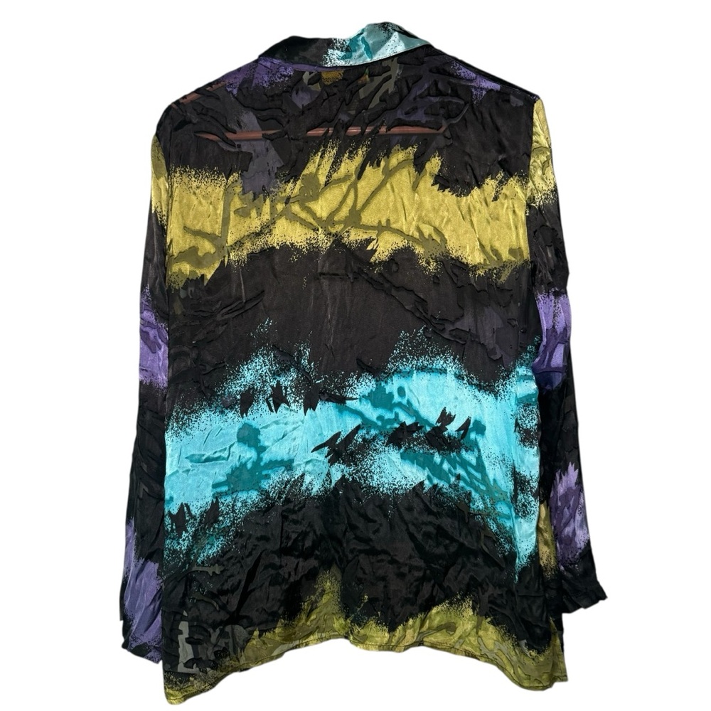 Mirasol Silk Blouse Velvet Burnout Button Down Large Multicolor Abstract Grunge - Picture 3 of 10